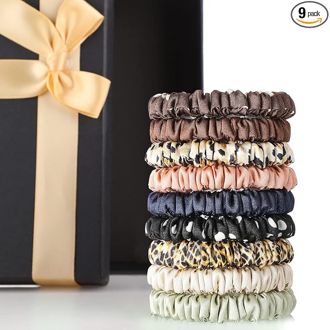 Chuangdi 9 Pieces 100% Mulberry Silk Scrunchies for Long Hair Silk Hair Ties Scrunchies for Women Girls Elastic Ponytail Holders with Gift Box(Vivid Style,Dark Colors)
