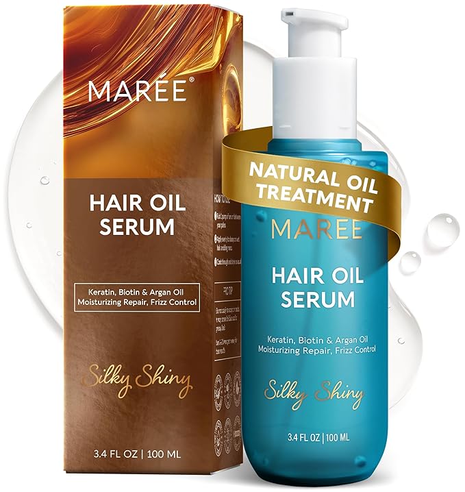 MAREE Hair Oil for Frizzy Hair with Argan Oil, Keratin & Biotin – Hair Serum for Dry and Curly Hair Gloss – Frizz Control Hair Care Products for Women – Aceite Para el Cabello – Keratin Hair Treatment