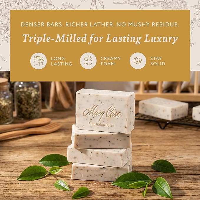 Mary Case Tea Tree Bar Soap Set of 4 | Natural Soap with Olive, Coconut & Tea Tree Oils + Real Tea Tree Leaves | Vegan Bath Soap for Men & Women | Balancing Oily Skin & Clearing Pores
