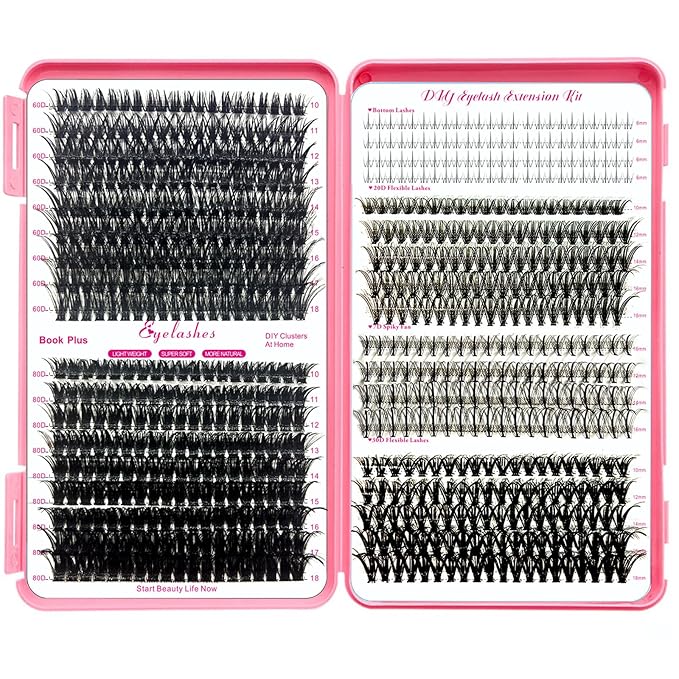 DNSGOOR DIY Lash Extension Kit 727Pcs Lashes Clusters with Bottom Lashes Lash Bond and Seal Glue Remover Lash Shampoo Cleansing Brush Headband Wristband Tweezers Eyelash Brush Applicator
