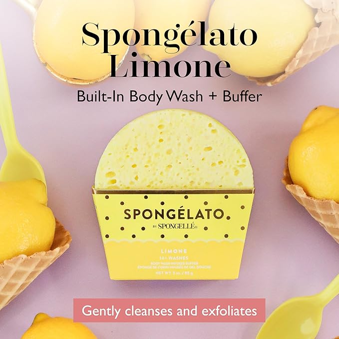 Spongellé Limone (Lemon) Spongélato Bath Sponge | Built-In Body Wash & Body Scrubber, Shower Loofah Sponge for Women | 14+ uses