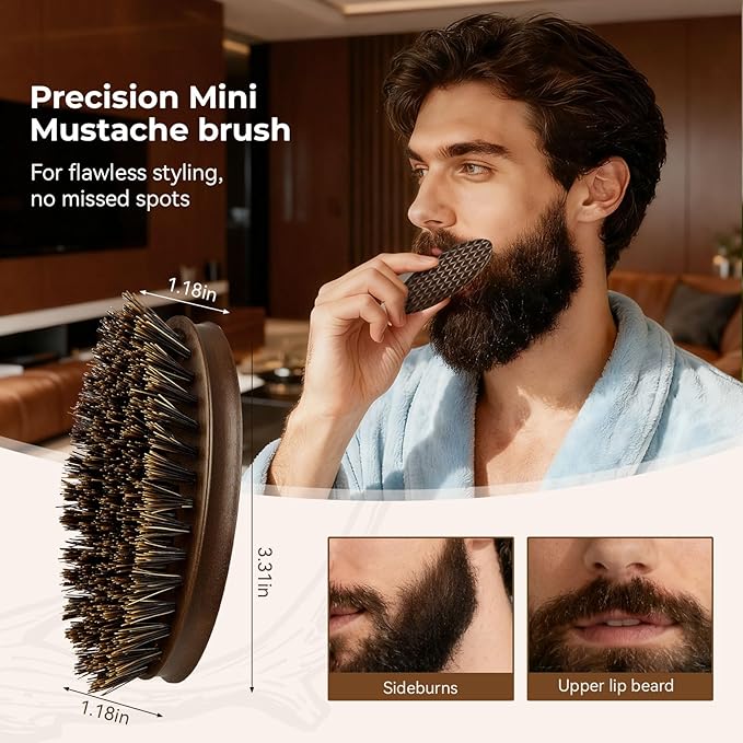 Bituemly Beard Brush for Men, Travel Pocket Mustache Brushes Grooming Kit with Natural Boar Bristle and Sapele Wood, Folding Scissors & Pouch, Facial Hair Brush Detangles & Shine, Stocking Stuffers