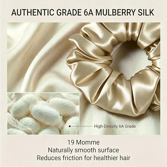 ZLYC 100% Mulberry Silk Scrunchie 19 Momme Gentle Creaseless Hair Tie for Women Dent-Free Ponytail Holder, 3.5cm Solid Oatmeal