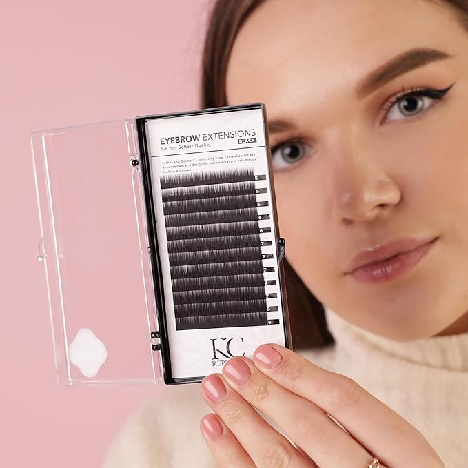 Lash Eyebrow Extensions Kit with 1 x Trays of Mink False Eyebrows in Black Comes on Mixed Length Trays 5-8 mm, Eyebrow Glue Clear & Dual Pack (Straight & Curved Tip) Extension Tweezers