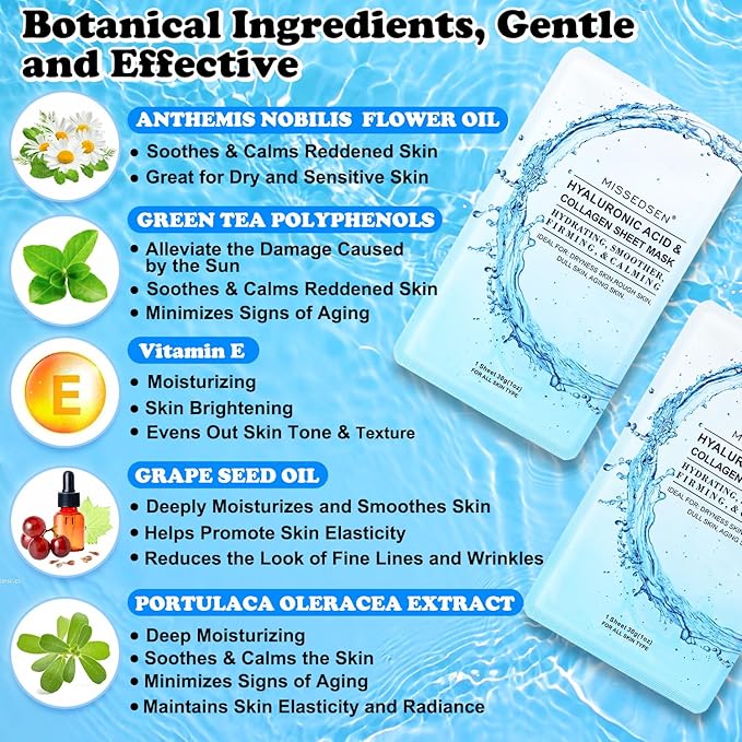 Collagen Face Mask with Hyaluronic Acid, Vitamin E Oil for Skin Care Hydrating, Moisturizing, Brightening & Anti Aging Face Masks Skincare for Oil, Dry, Acne, Sensitive All Skin Types 12PCS