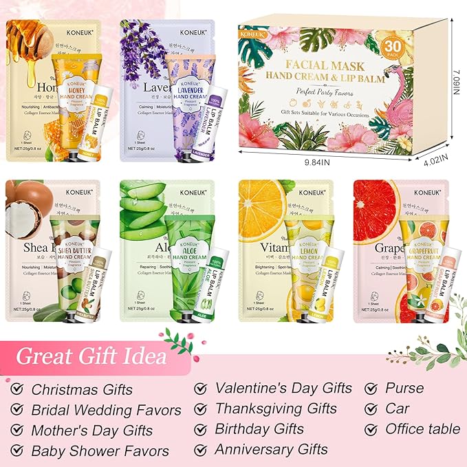 KONEUK 30 Pack Bulk Facial Mask, Bulk Hand Cream and Bulk Lip Balm Sets, Mothers Day Gifts for Mom, Teacher Appreciation Gifts, Nurses Week Gifts and Bridal Shower Favors, Birthday Gifts