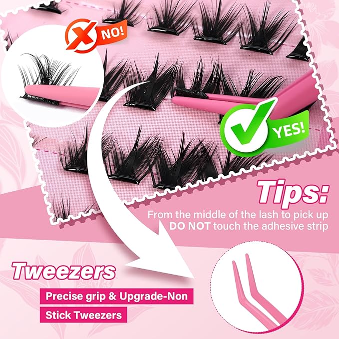 PROLASHBEAUTY Self Adhesive Eyelashes Butterfly Lash Clusters Self Adhesive Lashes No Glue Needed Lashes 10-16MM Pre Glued Eyelashes Clusters with Anti-Stick Tweezer(Butterfly,10-16mix)
