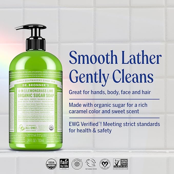 Dr. Bronner's Organic Sugar Soap (Lemongrass, 12 Ounce) - Made with Regenerative Certified Organic Oils, Sugar & Shikakai Powder, 4-in-1 Use: Hands, Body, Face and Hair- Liquid Soap, Nourishes