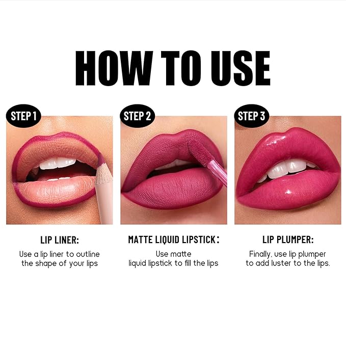 Lip Collection Set 6PCS Matte Lipliner Lipstick and Lip Plumber Kit Long Lasting High Pigmented Velvety Lip Makeup (Set 02)