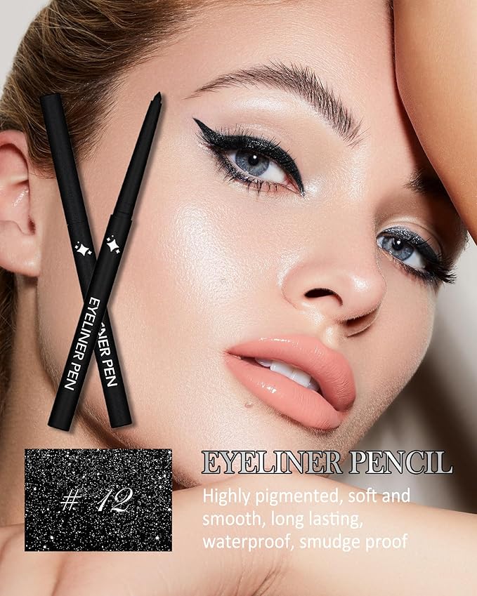 Glitter Black Eyeliner Pencil, Glitter Gel Eyeliner Pencils, Waterproof Smudge Proof Long-Lasting Metallic Waterline Eye Liner, Precision Retractable Shine Pen for Mature Women Girls Eye Makeup- #12