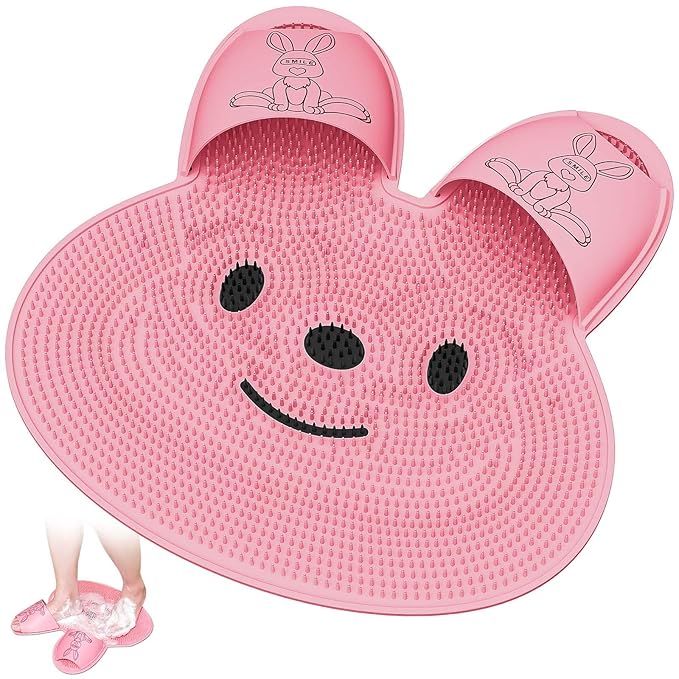 Manmihealth Extra-Large Shower Foot Scrubber Mat with Non-Slip Suction Cups, Rabbit-Shaped Silicone Foot Scrubber in Shower for Men & Women (Pink)