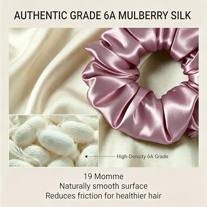 ZLYC 100% Mulberry Silk Hair Tie Scrunchie 19 Momme Gentle Creaseless Dent-Free Ponytail Holder for Women, 6cm Solid Mauve