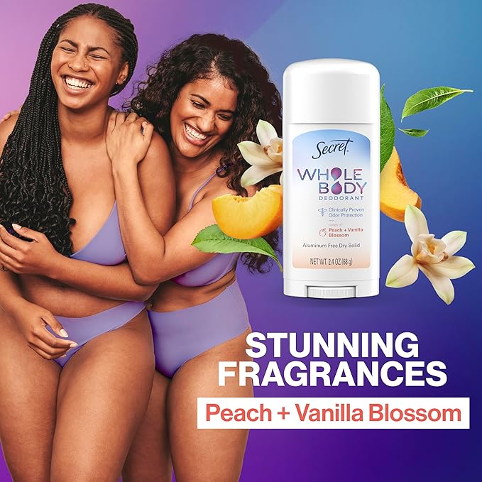 Secret Whole Body Deodorant Stick for Women, Travel Size, Peach & Vanilla Blossom Scent, Aluminum Free Deodorant, 72 HR Odor Protection, 0.5 oz