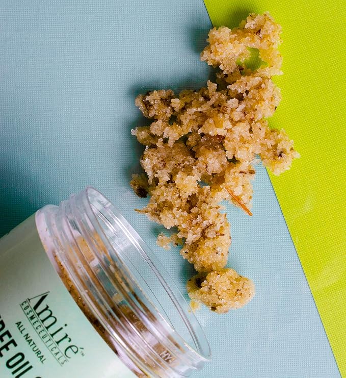 Amire Tea Tree Oil Exfoliating Body and Foot Scrub with Dead Sea Salt, Great for Acne, Dandruff, Stinky Feet, Infused with Argan Oil and Shea Butter to Moisturize