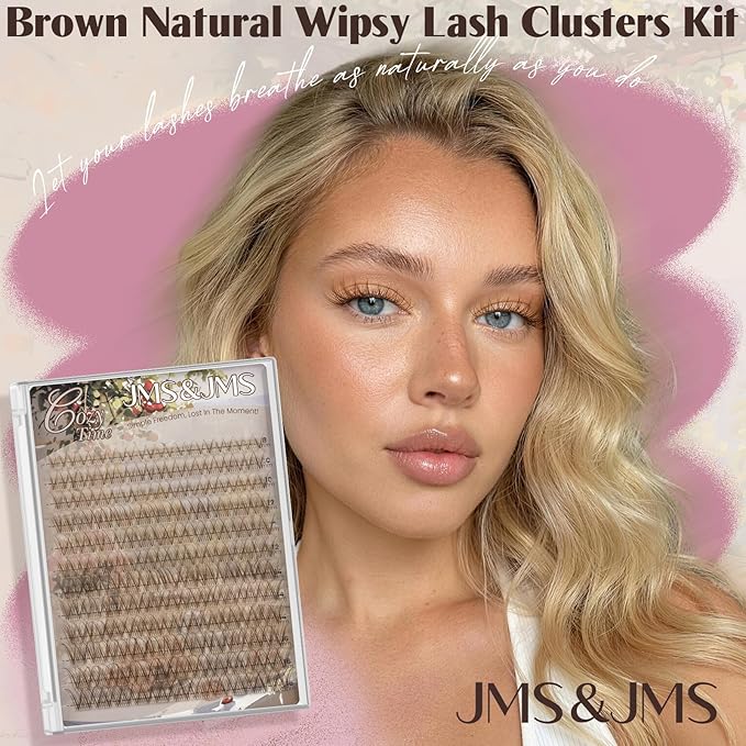 JMS&JMS Brown Lash Clusters Kit, Natural Lash Clusters Brown Eyelash Clusters Kit Clear Band C Curl Wispy Eyelash Extensions Kit With Waterproof Bond and Seal, Tweezers