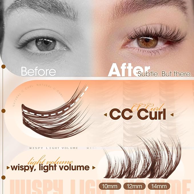 Brown Lash Clusters 10-12-14MM Natural Wispy Eyelash Extensions Airy Fluffy Spider Lash Extension with C-Curly & Ultra-Fine Clear Band for Everyday Wear, Beginer-Friendly