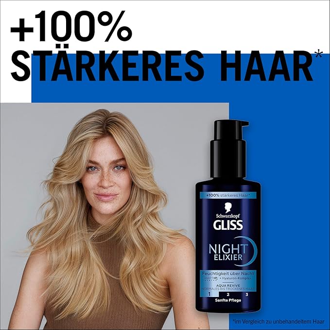GLISS Schwarzkopf Night Elixir Aqua Revive Hair Serum, 100 ml Leave-In Overnight Hydrating Treatment with HaptiQ Micro-Bond Technology and Hyaluronic Complex for Normal to Dry Hair