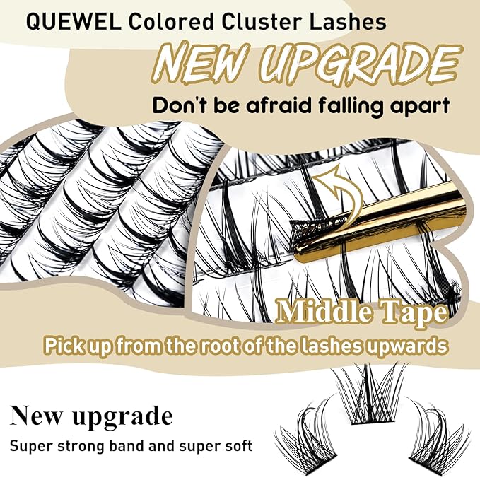 QUEWEL Lash Clusters 72 Pcs Wide Stem Individual Lashes C/D Curl 8-16mm Length DIY Lash Extension Soft False Eyelashes Wispy Cluster Lashes Easy to Create Natural Look At Home(Sparkle-C-MIX8-16mm)