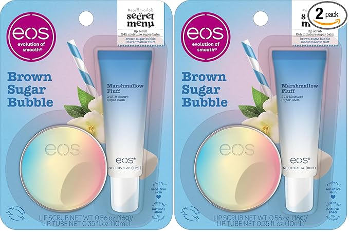eos Flavor Lab Secret Menu Gift Set - Brown Sugar Boba Lip Scrub Exfoliator & 24H Moisture Super Balm, Limited-Edition Lip Treatment, Nourishing, (Pack of 4)