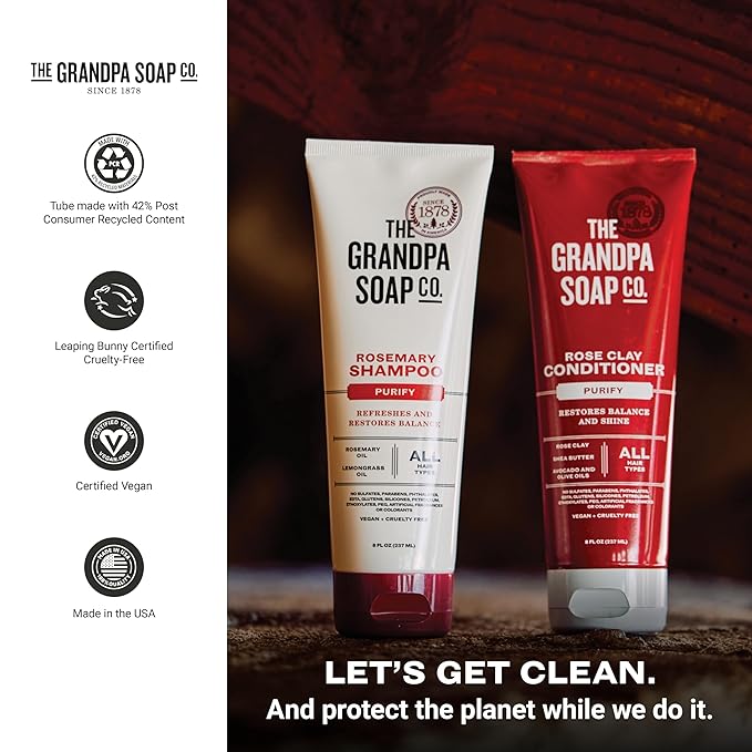 The Grandpa Soap Company Shampoo - Purifying With Rosemary and Lemongrass Oils, Leaves Scalp and Hair Feeling Clean and Fresh, All Hair Types, Vegan, Sulfates and Parabens Free, 8 Fl Oz