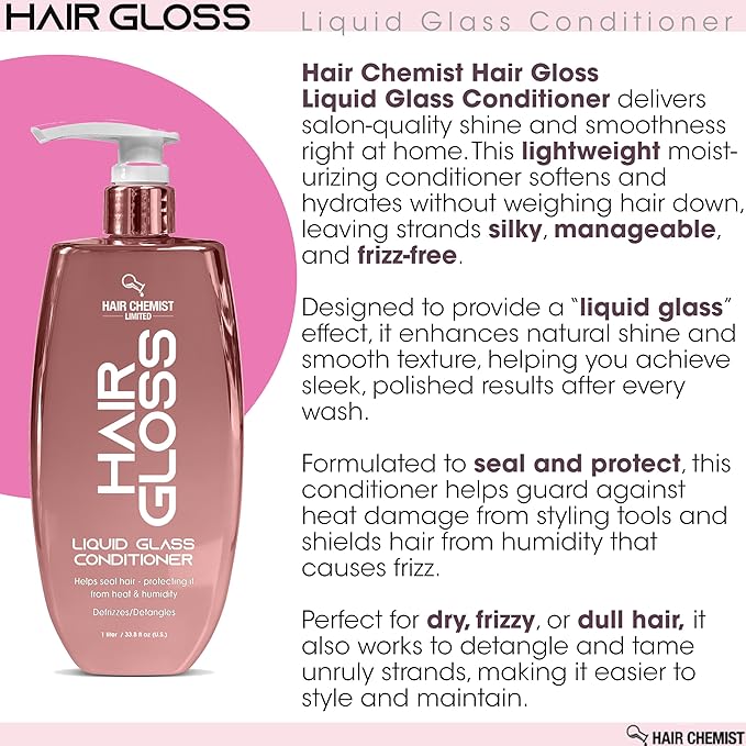 Hair Chemist Hair Gloss Liquid Glass Shampoo & Conditioner Set 33.8 Ounce (2-PC SET) -Smoothing Shampoo, Adds Smooth & Shine Plus Frizz Reducing Smoothing Conditioner, Lightweight Formula