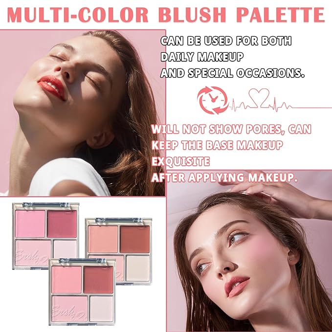 3Pcs 4 Colors Blush Palette for Cheeks with Make Up Brush,Face Matte Contour Blush Makeup Palette,Buildable Shimmer Facial Cheek Blusher Shades,Blendable Cosmetic Makeup Blush