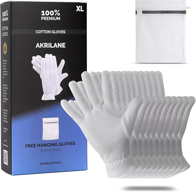 AKRILANE Extra Large 5 Pairs Cotton Moisturizing Gloves for Dry Hands | Eczema, Psoriasis & Skin Spa Treatment for Women & Men | Washable & Reusable with Free Laundry Bag