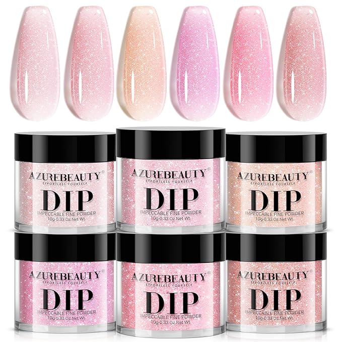 AZUREBEAUTY Dip Powder Nail Kit, 6 Colors Jelly Pink Transparent Nude Hot Pink Peach Dip Dipping Powder Starter Set, French Nail Art Manicure DIY Salon, No Need Nail Lamp Cured Mother's Day Gift