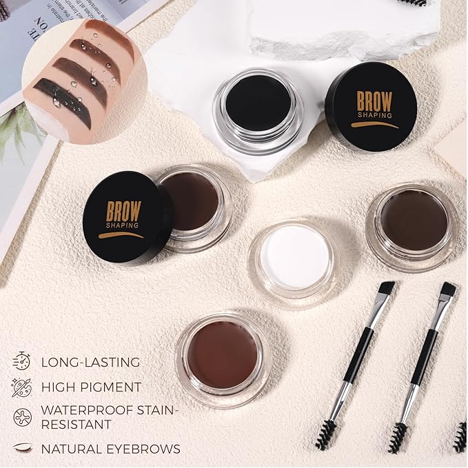 Eyebrow Pomade Kit with Dual-Ended Brush, Long-Lasting Waterproof Brow Pomade, High Pigment & Smudge-Proof Formula, Easy to Blend for Natural Defined Brows – Ideal for Women & Beginners #03 Dark Brown