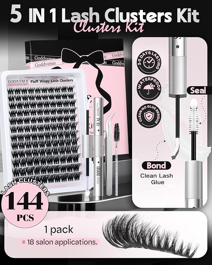 Goddvenus D Curl Fluffy Lash Clusters Kit – 144 PCS Thick Eyelashes Clusters, 10-18mm Wispy Lash Extension Natural Look, Waterproof Cluster Eyelash Extensions Kit for DIY False Eyelashes at Home