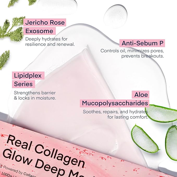 TEREZ & HONOR Real Deep Bio Collagen Face Mask - 4 x 33g Korean Hydrogel Overnight Masks for Deep Hydration, Glowing, Pore Minimizing, Elasticity, Fragrance-Free, 100 Da Ultra-Low Molecular Collagen