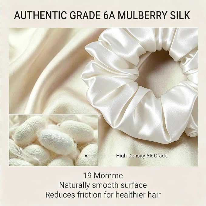 ZLYC 100% Mulberry Silk Hair Tie Scrunchie 19 Momme Gentle Creaseless Dent-Free Ponytail Holder for Women, 6cm Solid White
