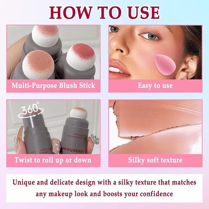 3 Colors Blush Stick with Makeup Sponges,Matte Solid Cream Blush,Multi-Use Blush Stick for Cheeks,Lips and Eye,High Pigmented Makeup Sticks Set A3
