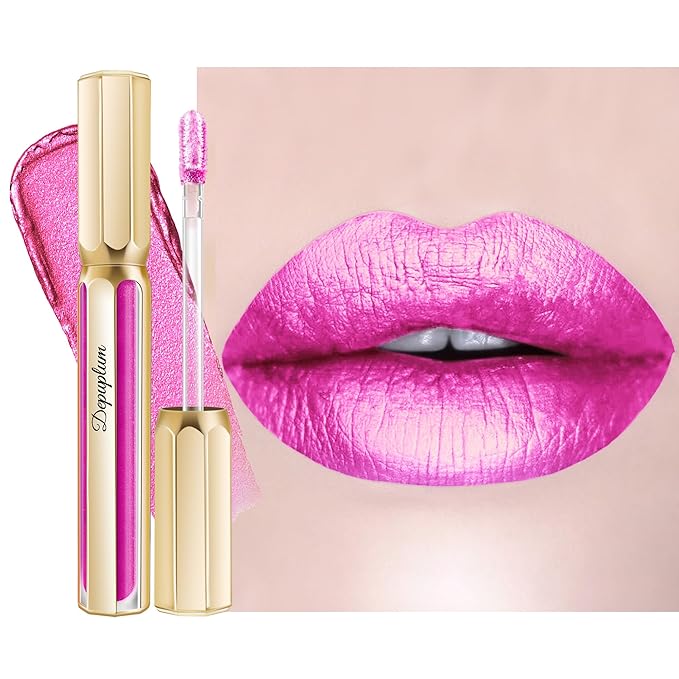 Depuplum Hot Pink Lipsticks for Women Metallic Lipstick Long Lasting Shimmer Lip Gloss Metal Shine Glitter Waterproof Lipsticks Full Coverage Lip Color for Mother's Day,DP112 Show Girl