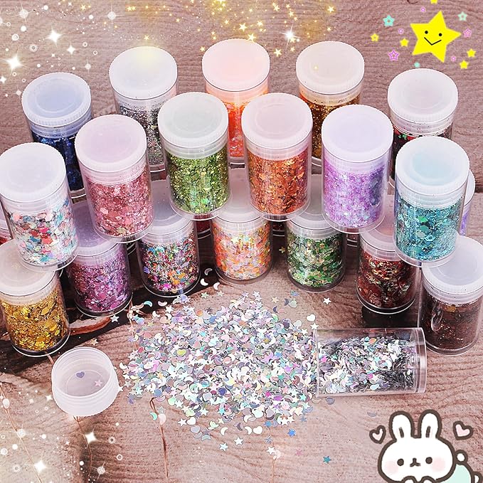Holographic Chunky and Fine Glitter Mix, 45 Colors Craft Glitter for Epoxy Resin Arts, Iridescent Nail Glitter, Cosmetic Eye Hair Face Body Glitter, Glitter Flakes Sequins for Tumbler Festival Jewelry