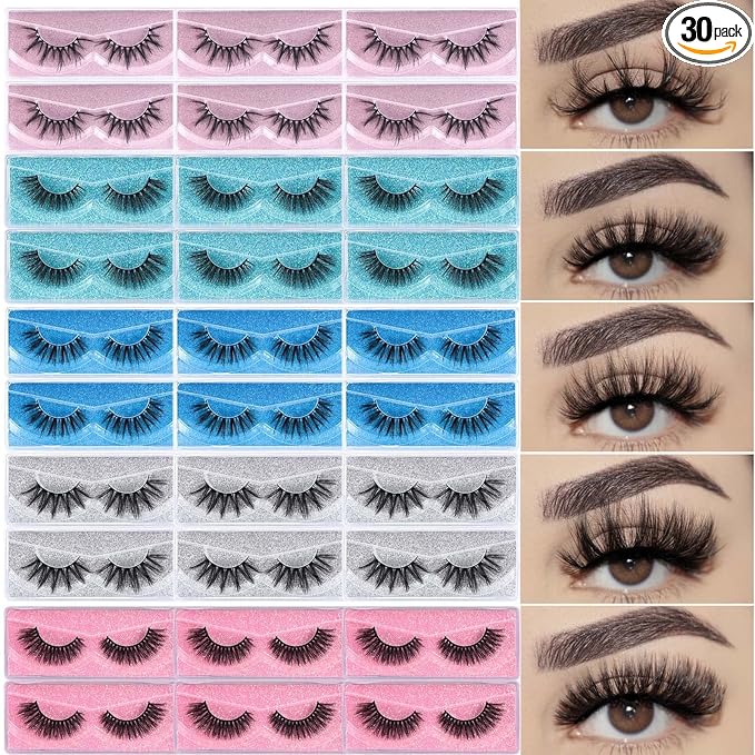 APCYUST Lashes Bulk 30 Pair Wholesale Faux Mink Eyelashes 5D Fluffy Eyelash 15mm 18mm 20mm Natural Medium Length Fake Lash with Portable Pack