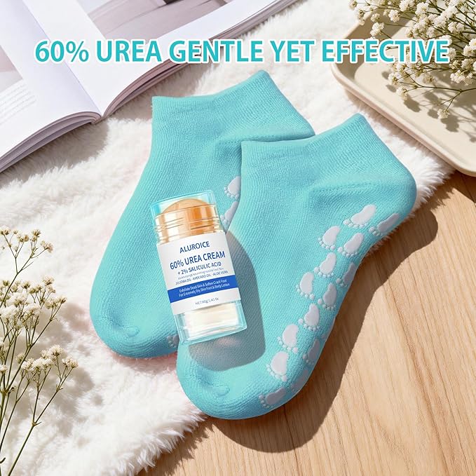 Silicone Moisturizing Socks with 60% Urea Cream- 2 in 1 Gel Socks & Urea Foot Cream for Dry Feet, Foot Care Moisturizing Socks for Dry Cracked Feet Women