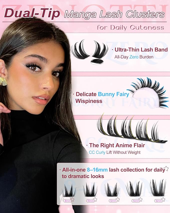 Bunny Lash Clusters Manga Eyelash Clusters Wispy Cluster Eyelash Extensions Anime Fairy Individual Lashes Cluster with Spikes Wet Look Lash Extensions 8-16mm by zenotti