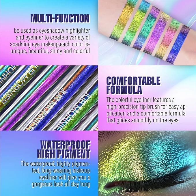 Multichrome Liquid Eyeshadow Set,3 Colors Multi-Dimensional Eye Liner Makeup,High Pigment Waterproof Metallic Eyeshadow,Ultre Fine Tip Glitter Eye Makeup (#601)