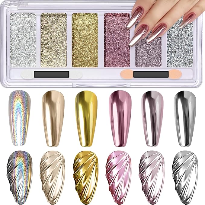 Gold Silver Chrome Nail Powder, DRMODE 6 Colors Metallic Mirror Effect Pink Light Purple Champagne Chrome Powder for Nails, Unicorn Iridescent Holographic Pigment Dust for Nail Art