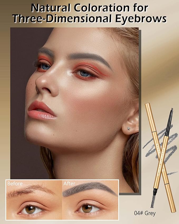 Eyebrow Pencil, 12Pcs Grey Ultra-Fine Retractable Eye Brow Pencil,Long-Lasting Waterproof Eyebrow Tint Pen Kit for Define Shape and Fill Brow,Women's Day Eye Makeup Gift Set for Women Girl-04 Gray