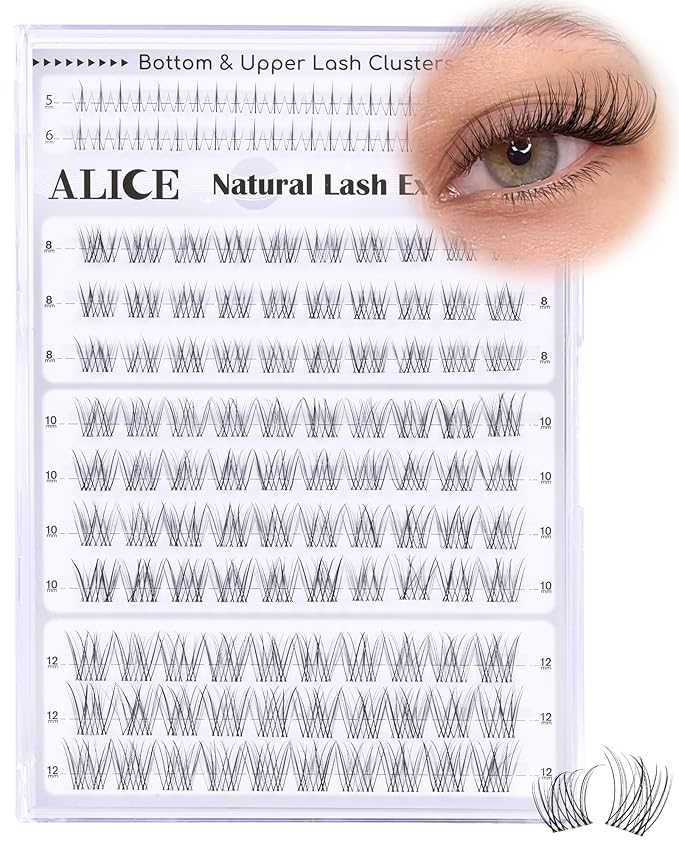 ALICE Eyelash Clusters Natural Short Lash Clusters 8-12mm Wispy Cluster Eyelash Extensions Clear Band Individual Lashes with 5-6mm Bottom Lashes