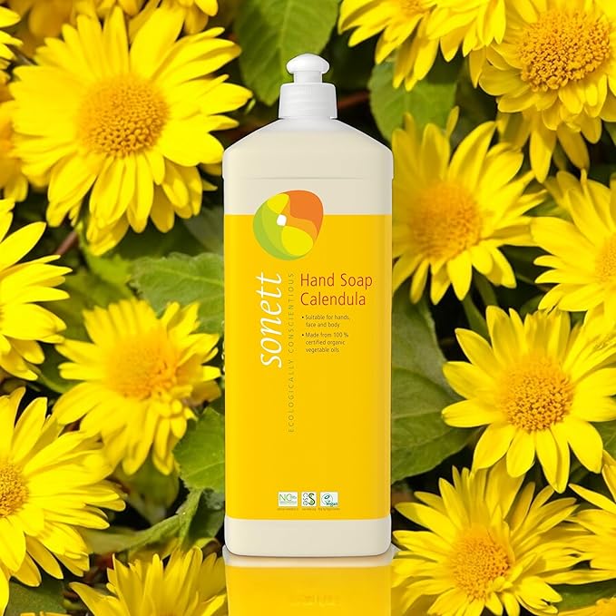 Sonett Organic Hand Soap Calendula – 34 fl oz 1 L Natural Liquid Hand Wash for Sensitive Skin | Biodegradable, Non-Toxic, Eco-Friendly, Plant-Based, Chemical-Free, Gentle Moisturizing Soap
