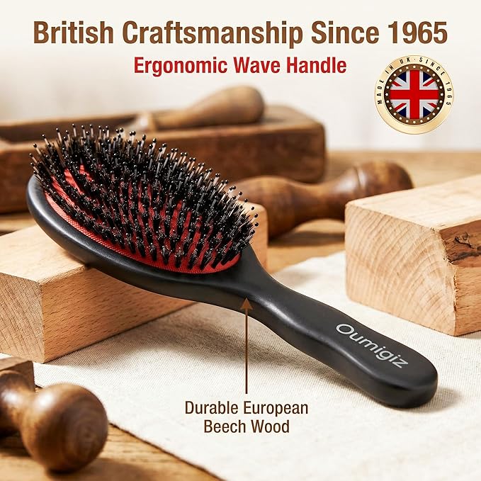 Boar Bristle Hair Brush Since 1965 British Craftsmanship, Handmade Natural Wood Slick Back Hairbrush, Gentle Detangling Smoothing Women Men Kids Curly Thick, Fine Hair
