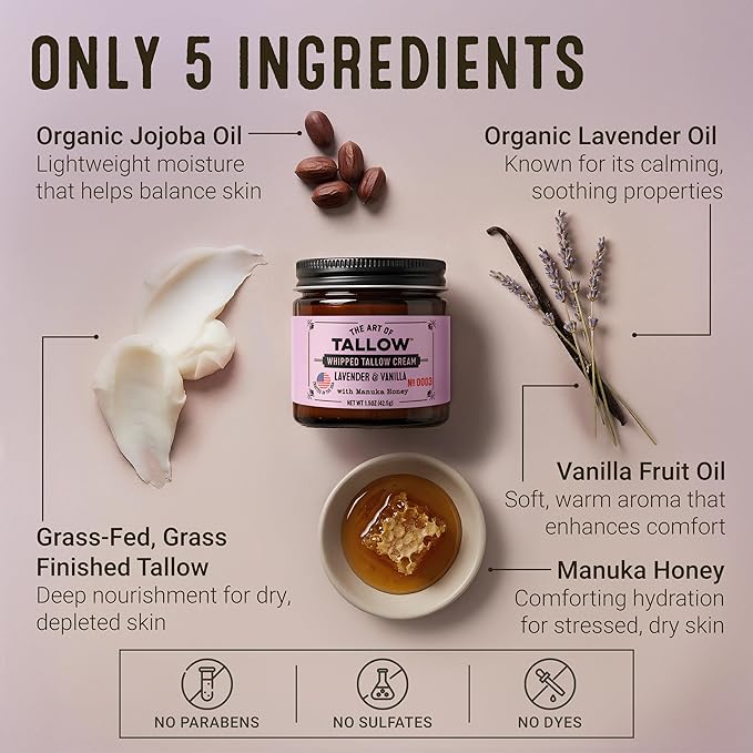 Tallow Face Moisturizer – Lavender Vanilla Beef Tallow for Skin, Whipped Tallow Cream with Manuka Honey & Organic Jojoba Oil, Face Cream, Grass Fed & Finished, Made in USA, 1.5 oz