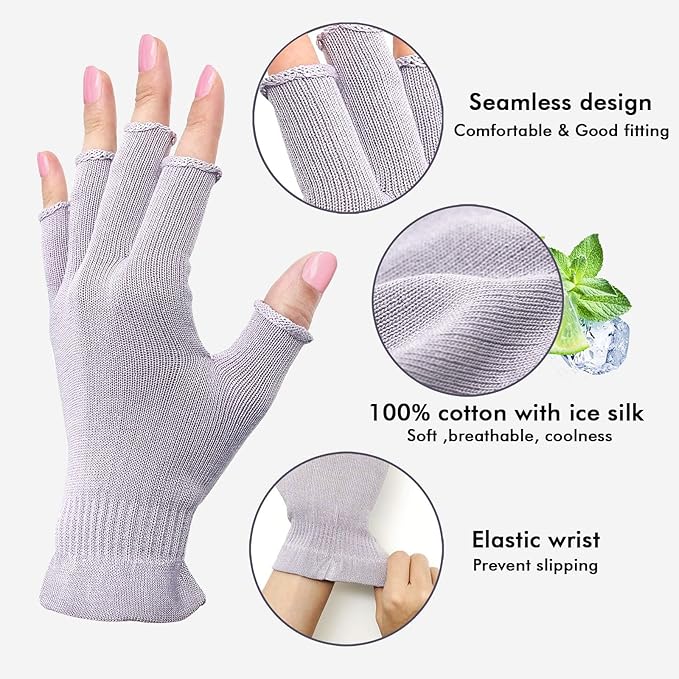 MIG4U 3 Pairs Fingerless Moisturizing Gloves, Half Finger Touchscreen Beauty Glove for Eczema, SPA, Dry Hands, Skin Treatment, Summer Sun UV Protection, Pale Purple S/M