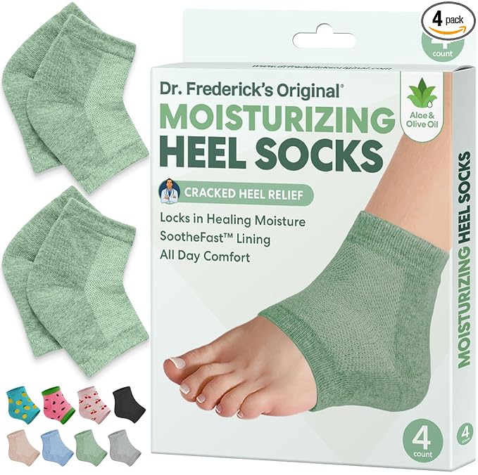 Dr. Frederick's Original Moisturizing Heel Socks for Dry Cracked Heels Treatment - Infused with Olive Oil, Jojoba Oil and Vitamin E - 2 Pairs - Self Care Gifts for Women & Men - Green Aloe