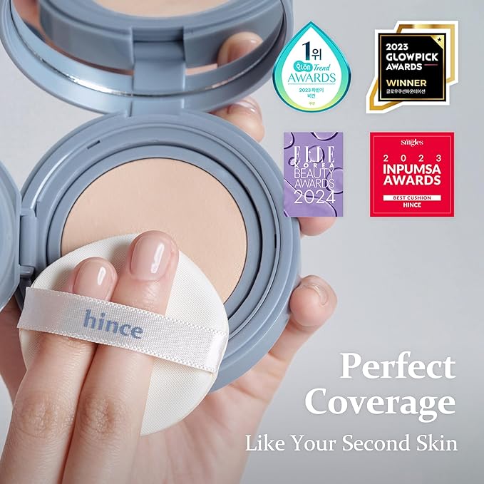hince Second Skin Mesh Matte Cushion - 12g, Natural Coverage, Semi Matte Finish, Flawless Coverage, 24hr Long Lasting, Korean Cushion Foundation, Blue Cushion (ROSY, 15)