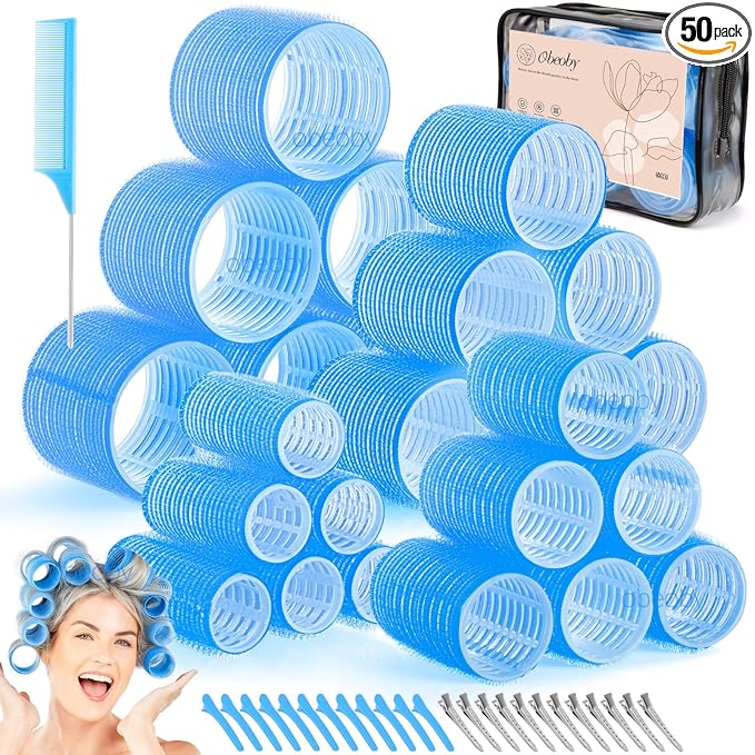 Obeoby 4 Sizes Hair Rollers for Women, 50 Pcs Set Hair Curlers with Clips Comb Curlers for Long Short Curly Hair and Bangs (25, 36, 48, 60mm), Blue
