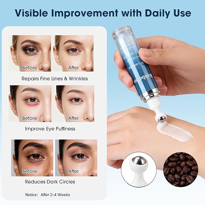 Eye Cream for Dark Circles, 5% Caffeine Retinol Under Eyecream for Anti Aging Wrinkles Eye Bags Puffiness, Multi Peptide Hydrating Treatment Eye Cream with 360° Massage Roller, Brightens, 0.75 Fl.oz